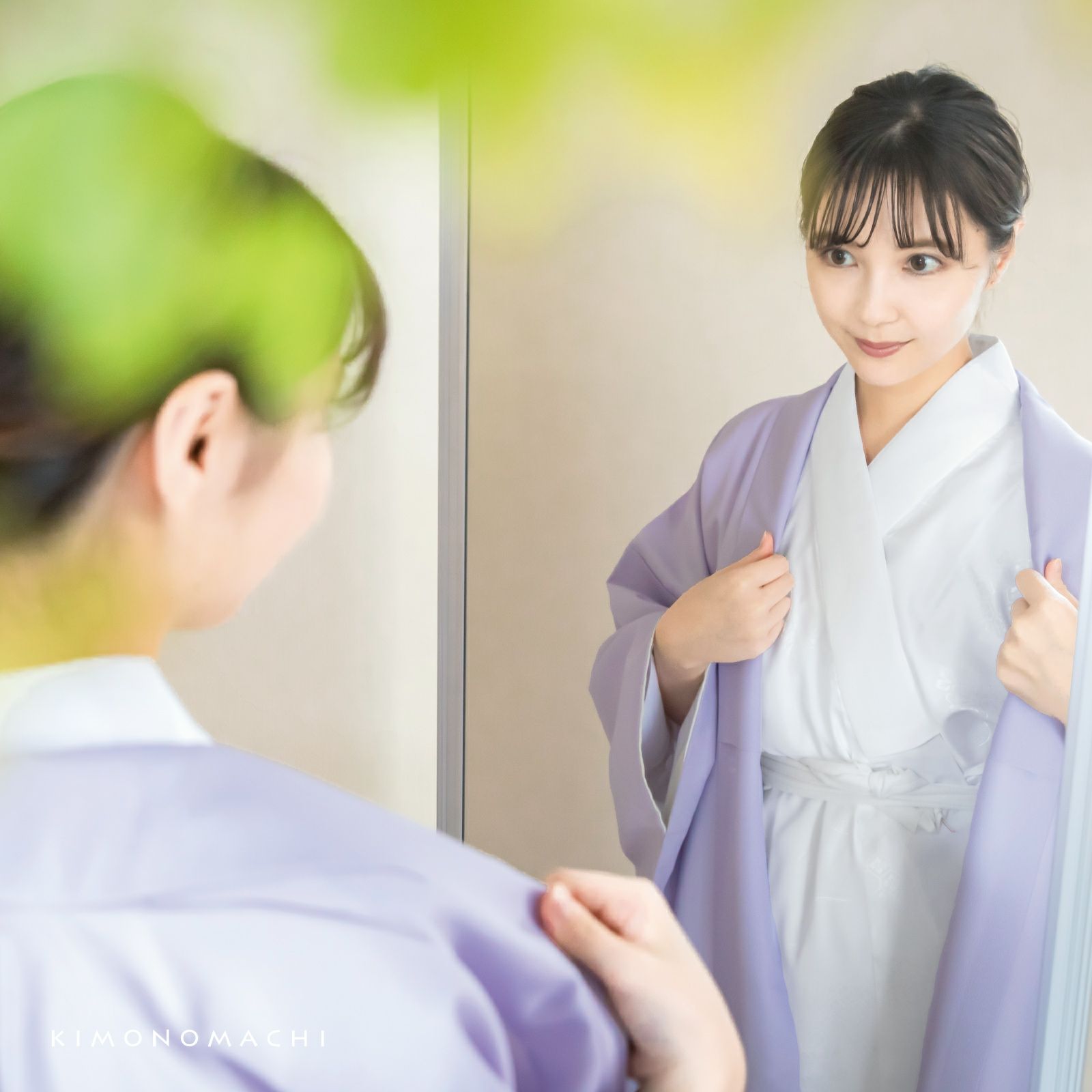 SSお仕立て上がり洗える長襦袢 白地に葉模様 麻の葉地紋 化繊 半衿付き