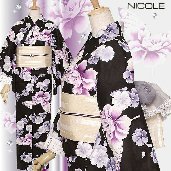 花火大会に行こう！激得ブランド浴衣 自分サイズにお仕立て浴衣!NICOLE二コル8L-6「ブラック　蝶」