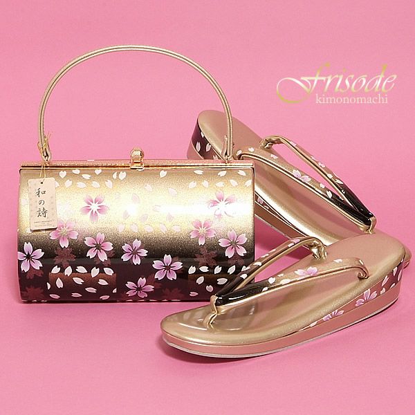 草履バッグセット振袖用Ｌ/ＬＬ「大きいサイズも★ゴールド×黒　桜」