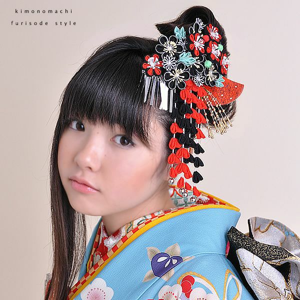 つまみ細工かんざし2本セット「黒×赤　梅」きもの町オリジナル♪振袖 日本髪 華やかつまみ細工髪飾り