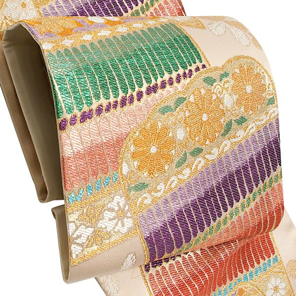 振袖向け 袋帯 未仕立て「アイボリー 段模様」（株）橋本テル織物謹製 成人式 京都西陣 結婚式 礼装