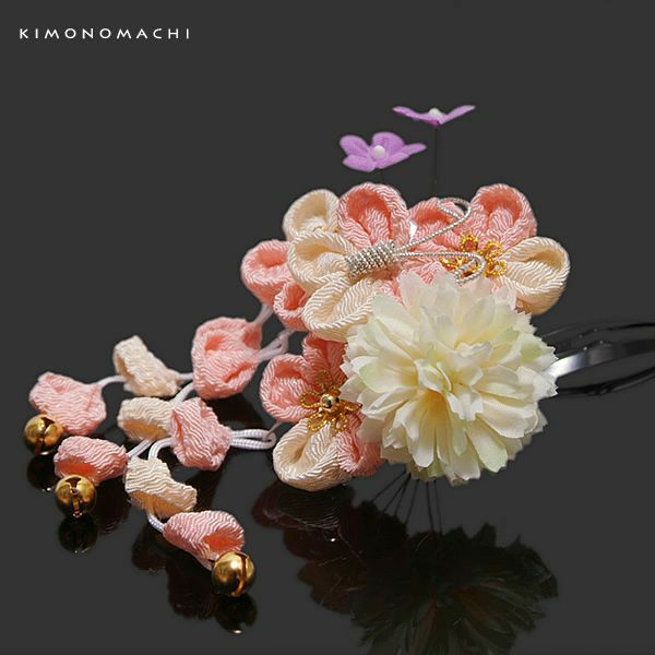 お子様髪飾り「ピンク つまみのお花、蝶」つまみ細工髪飾り 七五三 お子様用髪飾り （2409） 753