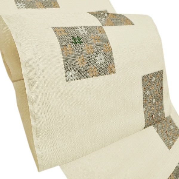 洒落 名古屋帯 未仕立て「生成り 色紙に井桁、幾何学模様」三幸織物謹製 六通柄 西陣名古屋帯 カジュアル 京都西陣