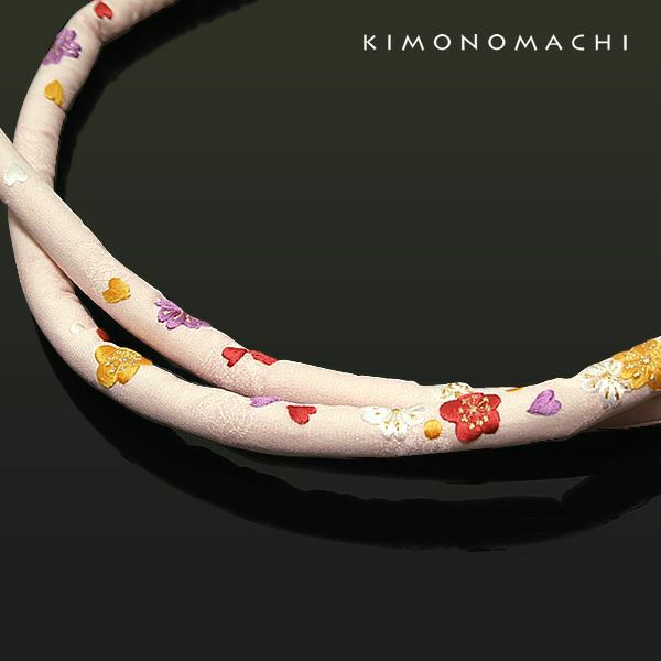 振袖向け帯締め丸ぐけ「薄ピンク色 桜と梅」成人式 振袖小物 結婚式 丸絎 （78250　No.6）