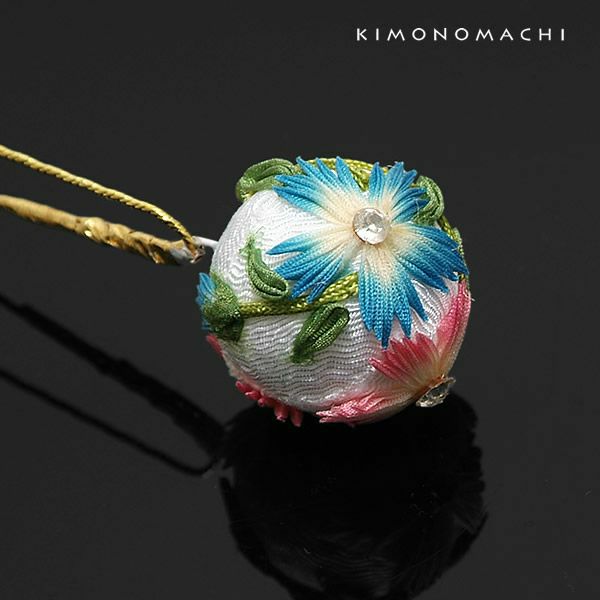 つまみ細工のお花 Uピン髪飾り「白色の玉×撫子のつまみのお花」ポイント髪飾り ヘアアクセサリー Uピン髪飾り つまみ細工髪飾り