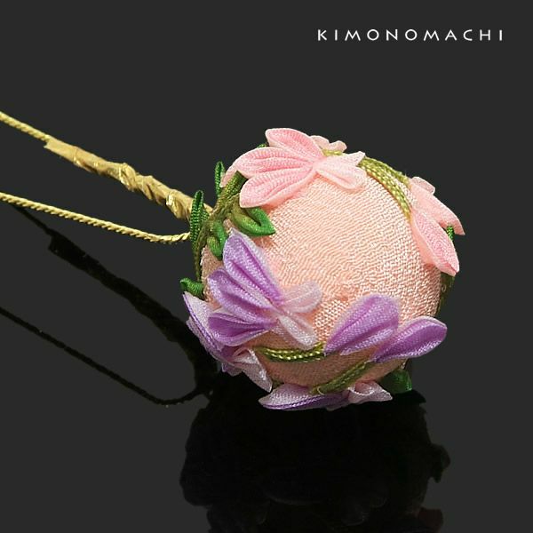 つまみ細工のお花 Uピン髪飾り「薄ピンク色の玉×蘭のつまみのお花」ポイント髪飾り ヘアアクセサリー Uピン髪飾り つまみ細工髪飾り