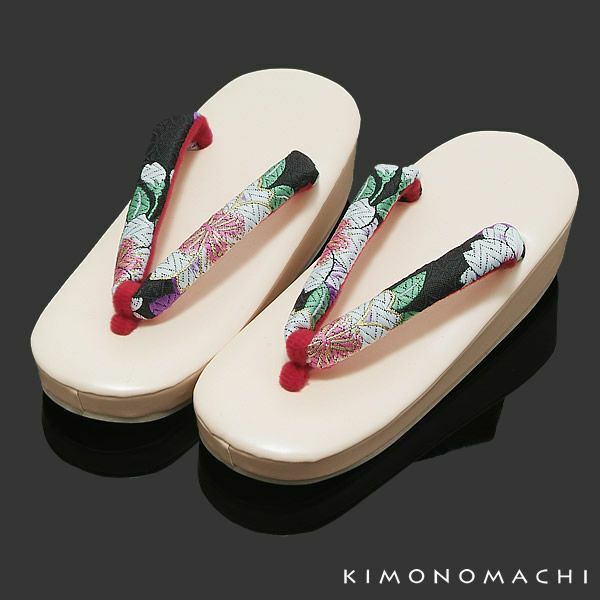 7歳向けサイズ草履単品「黒色×桜楓模様の鼻緒、薄ピンク色台」卒業式の袴に 式部ロマン 式部浪漫 七五三  753