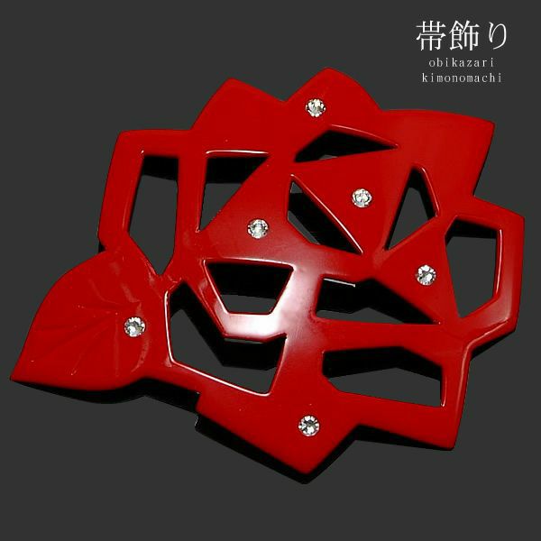 プレート帯飾り「赤　薔薇」ラインストーン付き 浴衣小物  和装小物