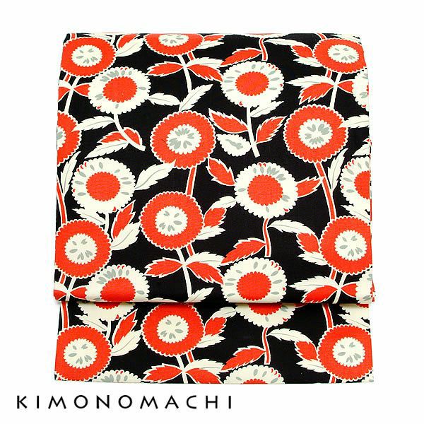 木綿名古屋帯「黒×赤 レトロフラワー」京都きもの町オリジナル 洒落帯 カジュアル帯