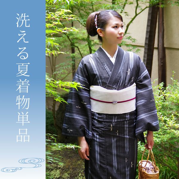 紗夏着物単品M、Lサイズ「黒×ブルーグレー 矢絣縞に蜻蛉」ポリエステル着物 洗える夏着物 お仕立て上がり夏着物