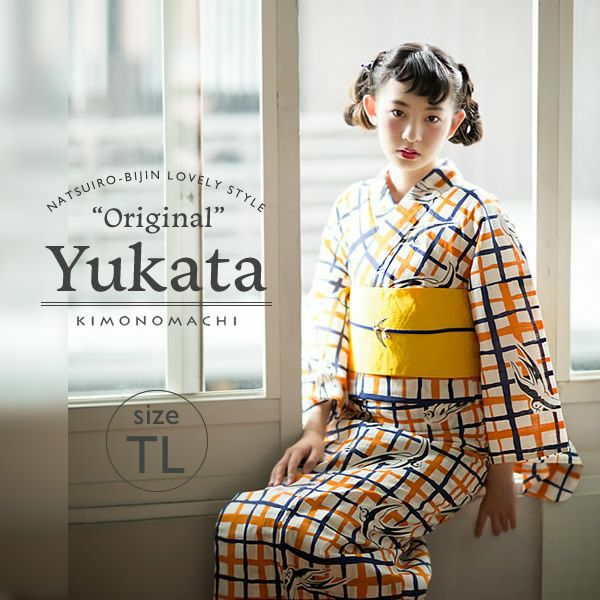 TLサイズ女性浴衣単品「オレンジ×ネイビー 格子ツバメ」京都きもの町オリジナル お仕立て上がり浴衣 綿浴衣  （綿TL17）レトロ柄浴衣