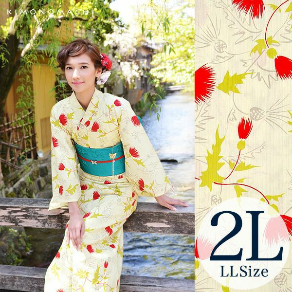 LLサイズ女性浴衣単品「クリーム あざみ」京都きもの町オリジナル お仕立て上がり浴衣 綿浴衣  （綿LL2）レトロ柄浴衣