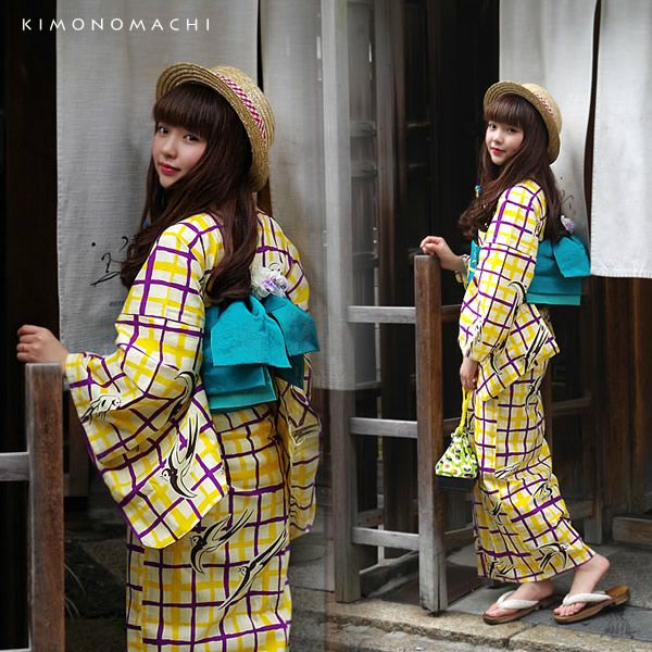 浴衣反物☆菖蒲柄と格子柄のAラインワンピース(M〜L) （2WAY
