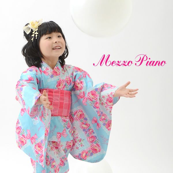 メゾピアノ100cm、110cm浴衣単品「サックス ローズリボン」女の子浴衣 子供ゆかた    こども 女児