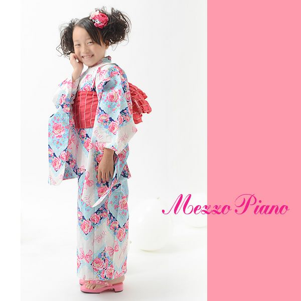 メゾピアノ100cm、130cm浴衣単品「ホワイト ローズリボン」女の子浴衣 子供ゆかた    こども 女児
