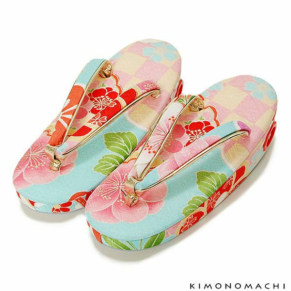 子ども3～5歳向け 草履単品「水色 市松に梅」お子様草履 鈴付き 正絹 女の子草履  女児