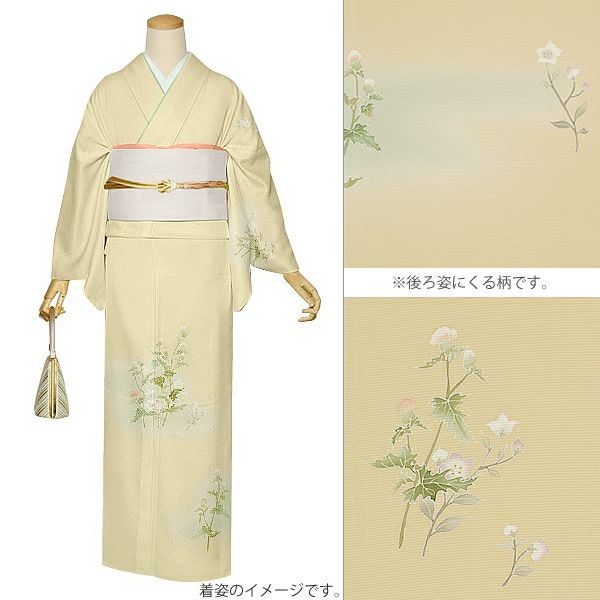 Prices down2】未仕立て付け下げ反物「香色 薊と桔梗」夏着物 正絹着物 