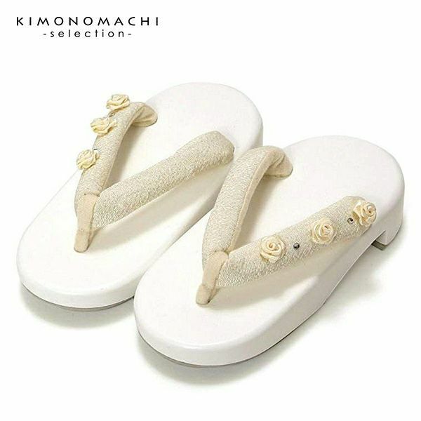 キッズ、ジュニア下駄16.5cm、18cm、19.5cm 「白色 薔薇とラインストーン」日本製塗料使用 浴衣下駄 桐下駄