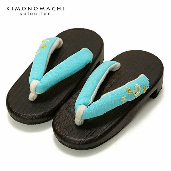 キッズ、ジュニア下駄16.5cm、18cm、19.5cm 「水色 ひよこ刺繍」日本製塗料使用 浴衣下駄 桐下駄