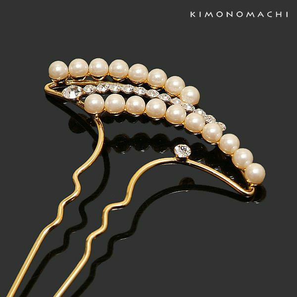パールビーズ簪「ゴールド×白色パールビーズ、クリアラインストーン」礼装 結婚式 和装髪飾り  （IT-0081G）