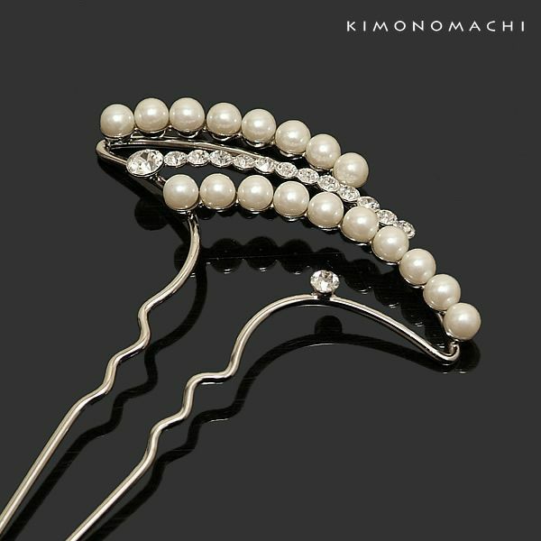 パールビーズ簪「シルバー×白色パールビーズ、クリアラインストーン」礼装 結婚式 和装髪飾り  （IT-0081S）
