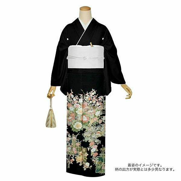 お仕立て上がり黒留袖単品「華扇、花色紙」紋入れ代込み 留袖 結婚式 正絹着物