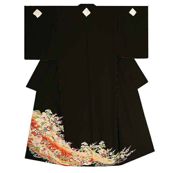 未仕立て黒留袖単品「誰が袖、雪輪に吉祥草花」ゆとりサイズ 第一礼装   正絹黒留袖