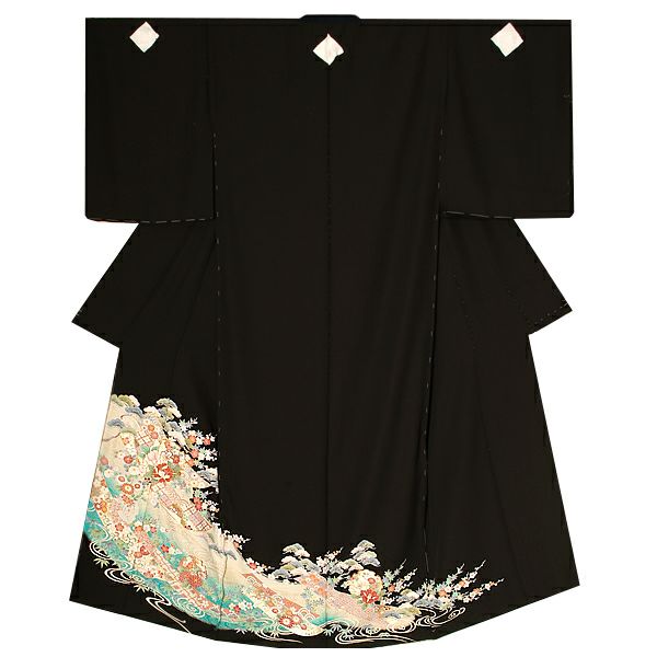 未仕立て黒留袖単品「誰が袖、雪輪に吉祥草花」ゆとりサイズ 第一礼装   正絹黒留袖