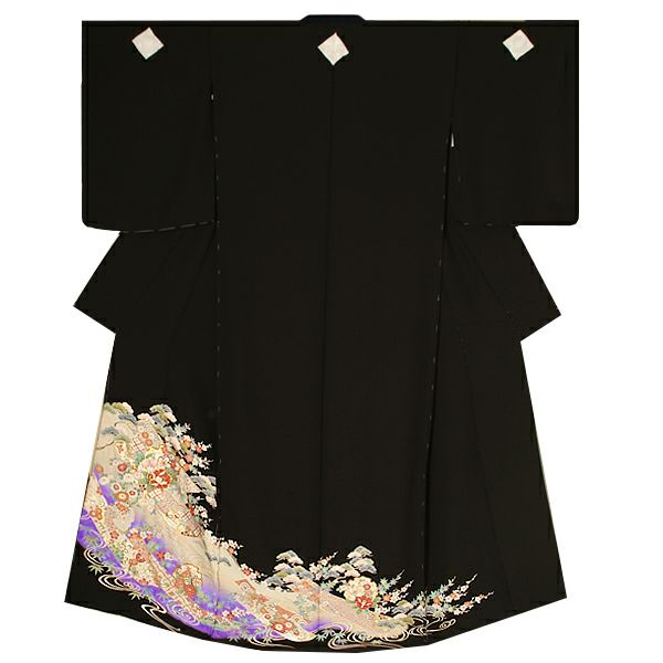 未仕立て黒留袖単品「誰が袖、雪輪に吉祥草花」ゆとりサイズ 第一礼装   正絹黒留袖