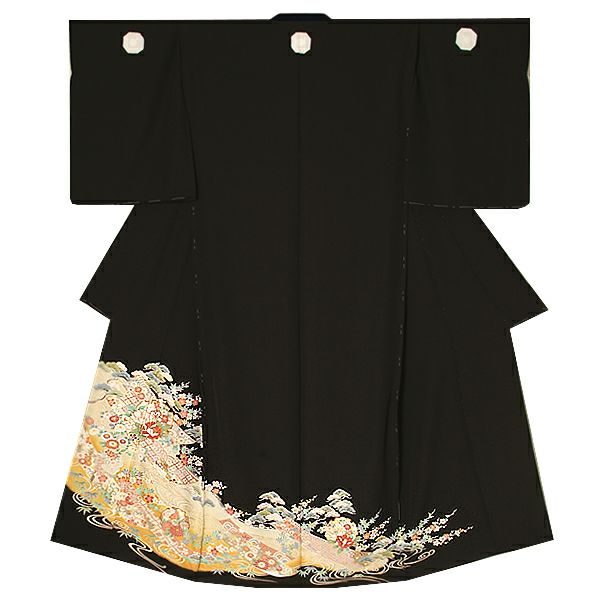 未仕立て黒留袖単品「誰が袖、雪輪に吉祥草花」ゆとりサイズ 第一礼装   正絹黒留袖