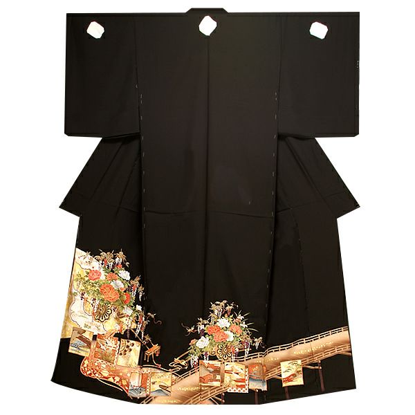 未仕立て黒留袖単品「檜扇に花車、橋に御所解き色紙文様」京友禅 正絹黒留袖   本金箔