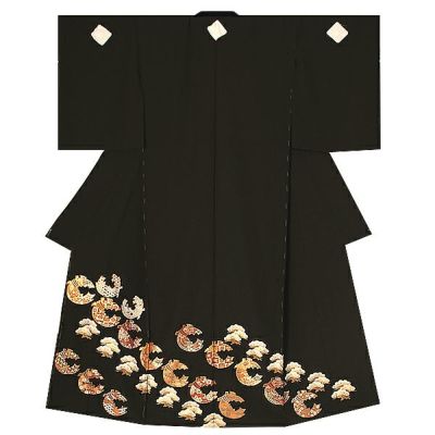 アンティーク 紬 束熨斗文様 しつけ糸一部 黒地 正絹 k497 未仕立て黒留袖単品「束ね熨斗と三階松」京友禅協議会受賞柄