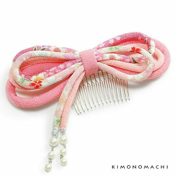 髪飾り丸ぐけリボンコーム「ピンク色 古布調」成人式の振袖に 卒業式の袴に   お子様の着物にも