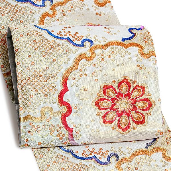 未仕立て礼装袋帯「白色 雪輪に鹿の子、華文」フォーマル 京都西陣 日本製 振袖帯