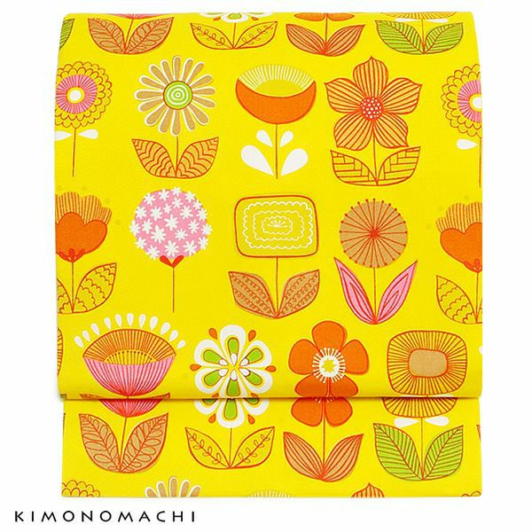 Prices down3】木綿名古屋帯「イエロー レトロポップフラワー」長尺も
