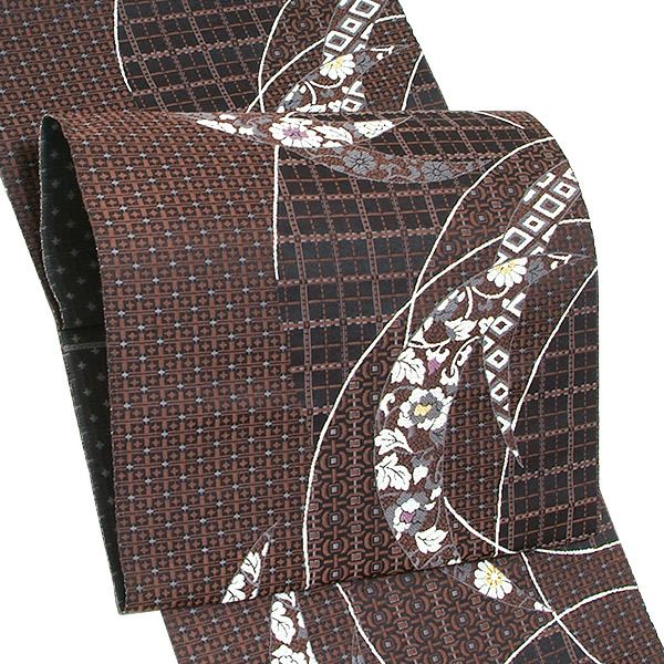 未仕立て名古屋帯「茶色×黒茶色 格子に三日月」（株）廣部商事謹製 正絹帯 洒落帯 西陣織 八寸帯 正絹名古屋帯