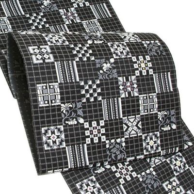【Prices down】未仕立て名古屋帯「黒色 格子に市松」（株）廣部商事謹製 正絹帯 洒落帯 西陣織 八寸帯 正絹名古屋帯 【メール便不可】＜T＞ss2503ong40