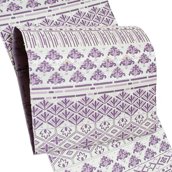 未仕立て名古屋帯「藤色 段模様」（株）廣部商事謹製 正絹帯 洒落帯 西陣織 八寸帯 正絹名古屋帯