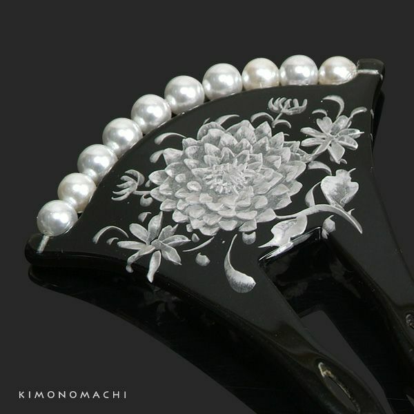 銀杏型かんざし「黒色 ダリア」 イチョウ型かんざし 簪  パールビーズ付き （CM348 黒）