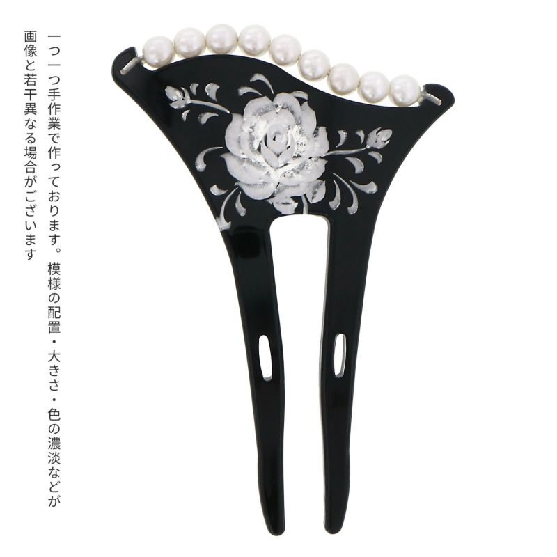 銀杏型かんざし「黒色 薔薇」 イチョウ型かんざし 簪  パールビーズ付き （CM341 黒）