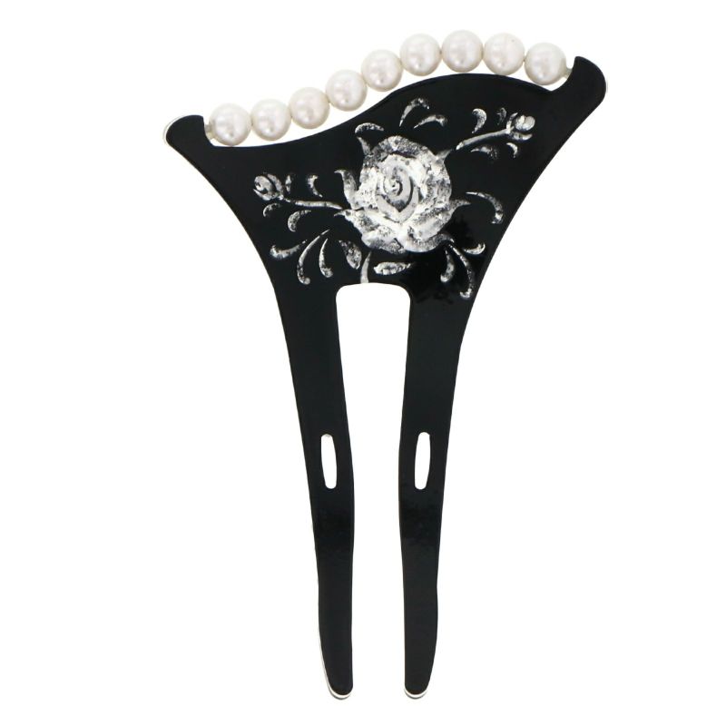 銀杏型かんざし「黒色 薔薇」 イチョウ型かんざし 簪  パールビーズ付き （CM341 黒）