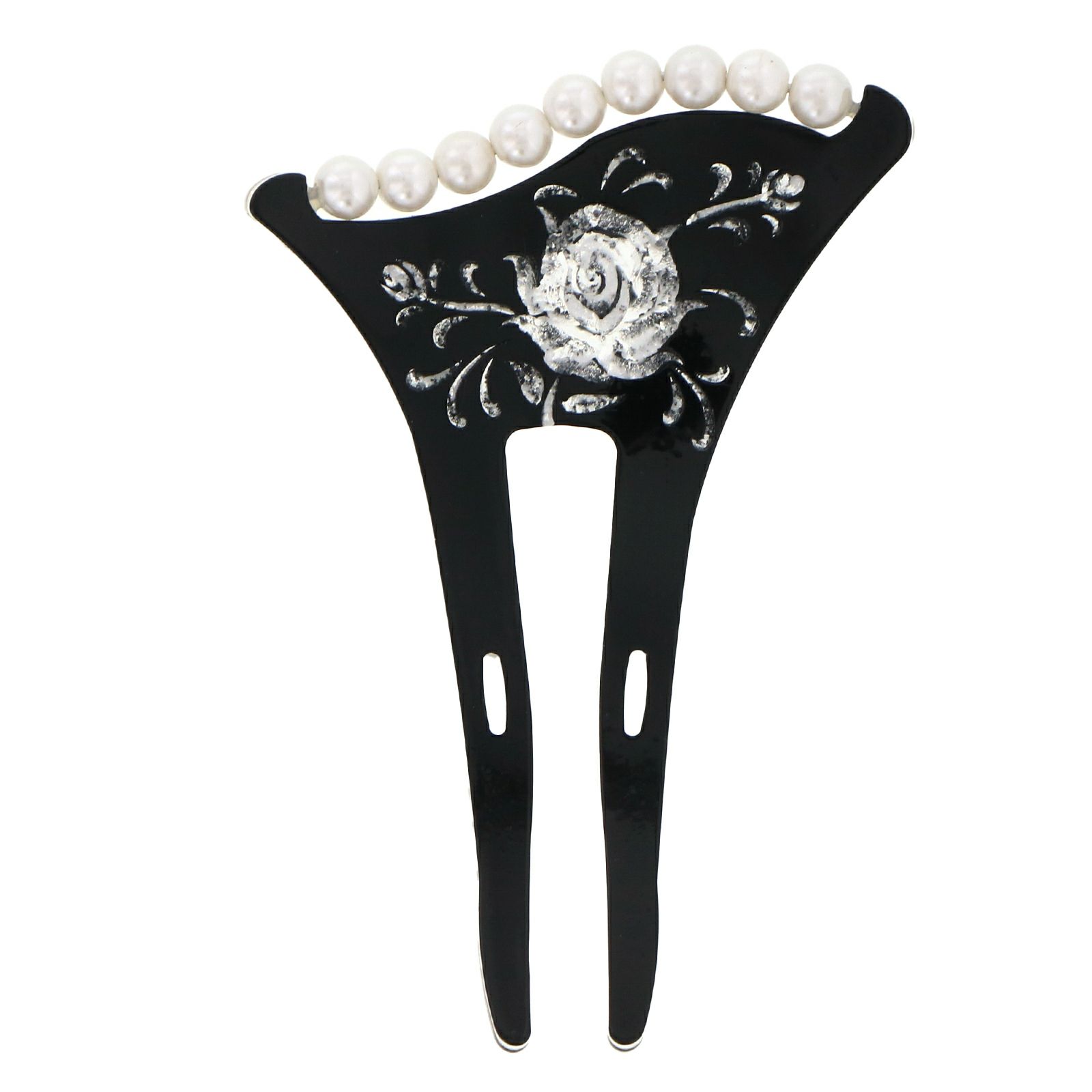 銀杏型かんざし「黒色 薔薇」 イチョウ型かんざし 簪  パールビーズ付き （CM341 黒）