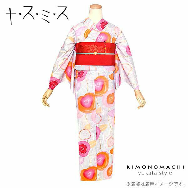 キスミス 浴衣単品「スモークブルー ハートのお花」ブランド浴衣 変わり織り浴衣 レディース浴衣 お仕立て上がり浴衣 （5X-10)