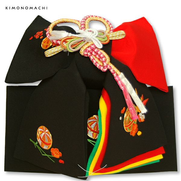 正絹 結び帯単品「黒色 毬と折り鶴刺繍」二部式帯 付け帯 七五三 正絹 結び帯単品「黒色 毬と折り鶴刺繍」二部式帯 付け帯 七五三