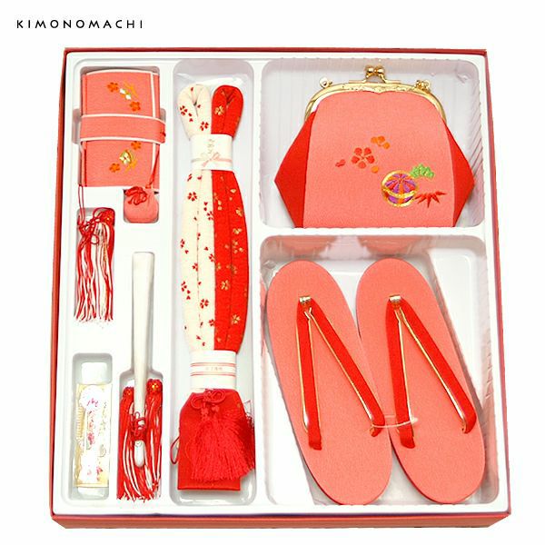 七五三 小物セット「桃色 毬の刺繍」箱迫、帯締め、バッグ、草履、末広、お守り 箱迫セット 七五三小物 日本製  753