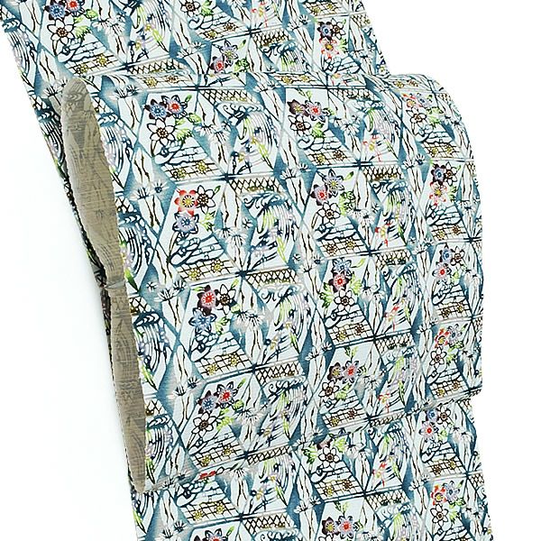 野蚕紬九寸帯「ブルー 段模様」未仕立て 日本の絹 六通柄 名古屋帯 浜つむぎ