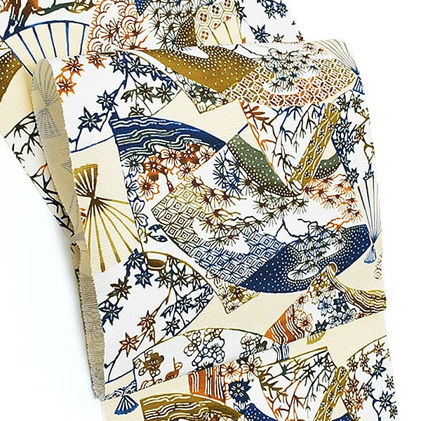 濱まわた紬九寸帯「扇子尽し」未仕立て 日本の絹 六通柄 名古屋帯 浜つむぎ