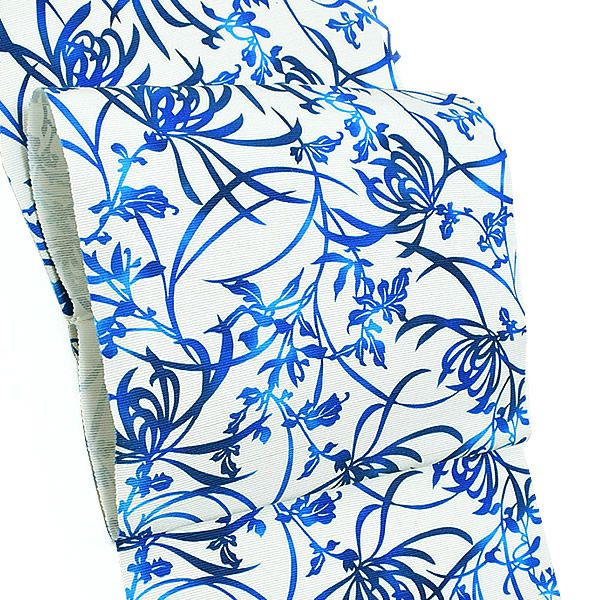 濱まわた紬九寸帯「ブルー 糸菊」未仕立て 日本の絹 六通柄 名古屋帯 浜つむぎ