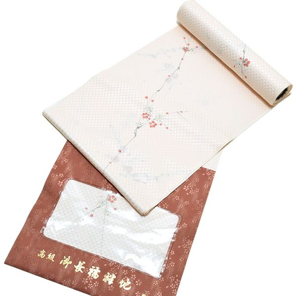 正絹襦袢反物「薄ピンク色 紅白梅」ウロコ綸子 手描き 着尺 柄襦袢  未仕立て ＜U＞