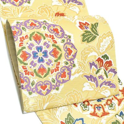 【Prices down3】振袖袋帯「淡黄色 唐花、華文」振袖 西陣織 振袖帯 六通柄 未仕立て 【メール便不可】＜T＞ss2503ofr10